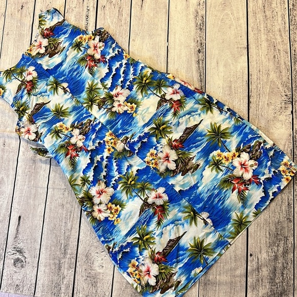 Pacific Legend Hawaiian Apparel White Hibiscus‎ Island Blue Dress - Picture 2 of 5